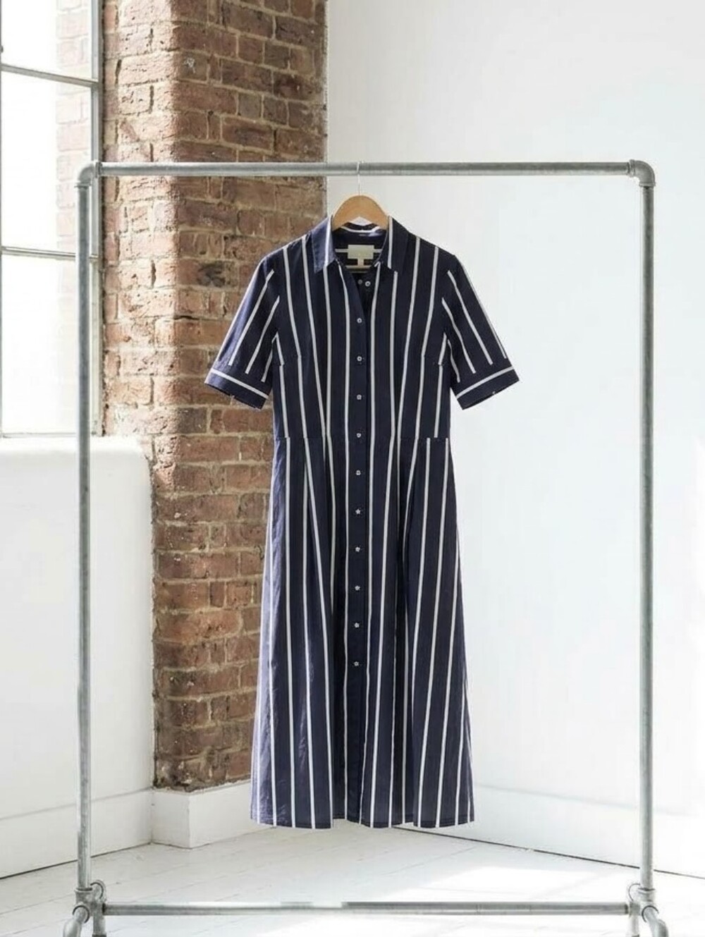 Pinch Navy and White Vertical-Stripe Midi Shirt Dress